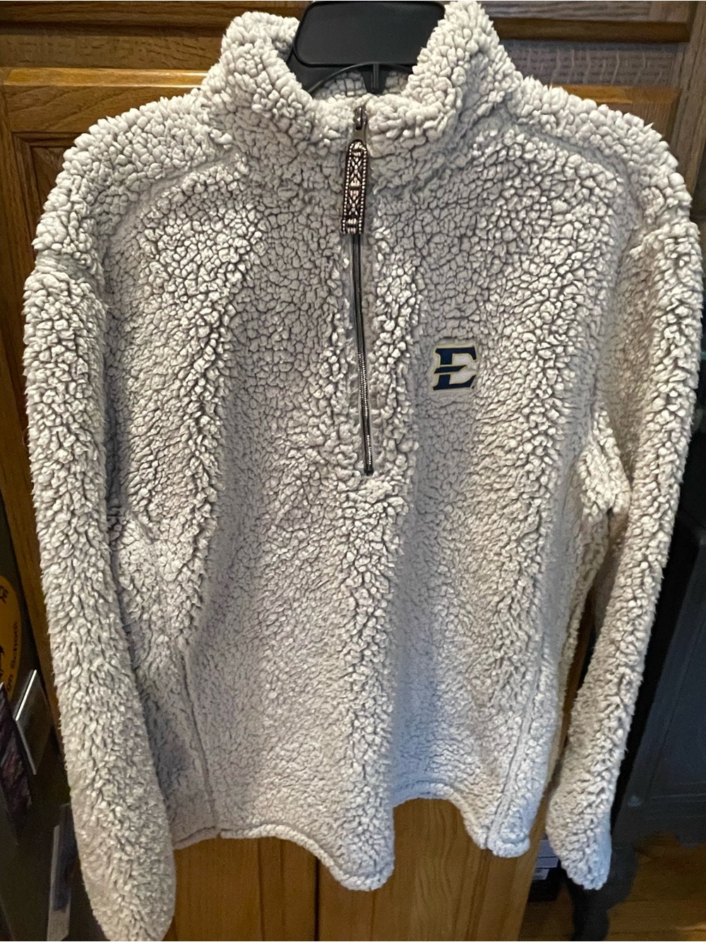 Men's Cream Sherpa Half-Zip Pullover with Embroidered 'E' Logo